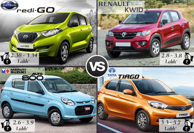 Datsun Redi Go vs Renault Kwid vs Maruti Alto 800 vs Tata Tiago Price and Colors